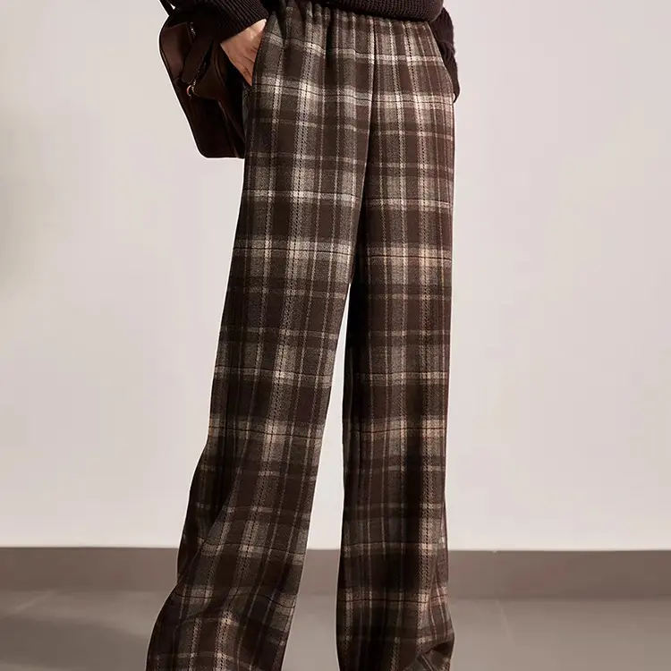 复古格纹宽松长裤秋春季节优雅保暖时尚