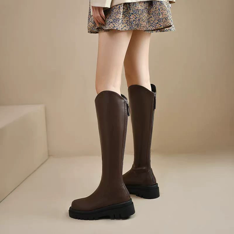 pw3077 厚底棕色粗腿高筒长靴胖mm不过膝显瘦大筒围骑士靴