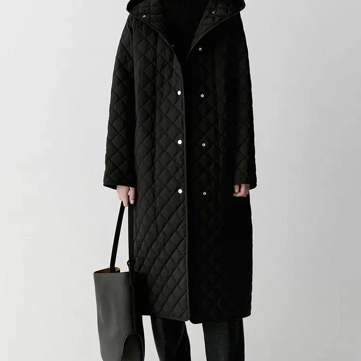 ZLR.2025从从容容优等品菱形格丝毛连帽薄鹅绒机理质感外套中长款