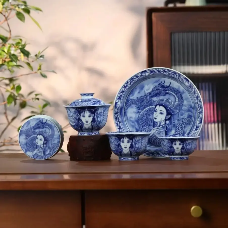 景德镇手工陶瓷高温青花釉下彩小龙女茶具五件套轻奢功夫茶套装