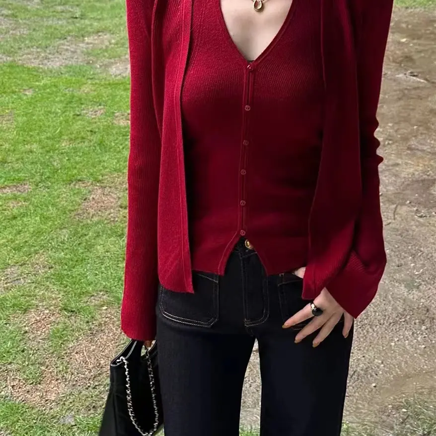 【直播间扣号商品】日落甜酒法式气质红色排扣挂脖针织背心搭毛衣