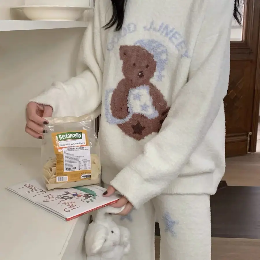 黑科技超密实可爱小熊针织半边绒睡衣女秋冬加绒加厚保暖可外穿