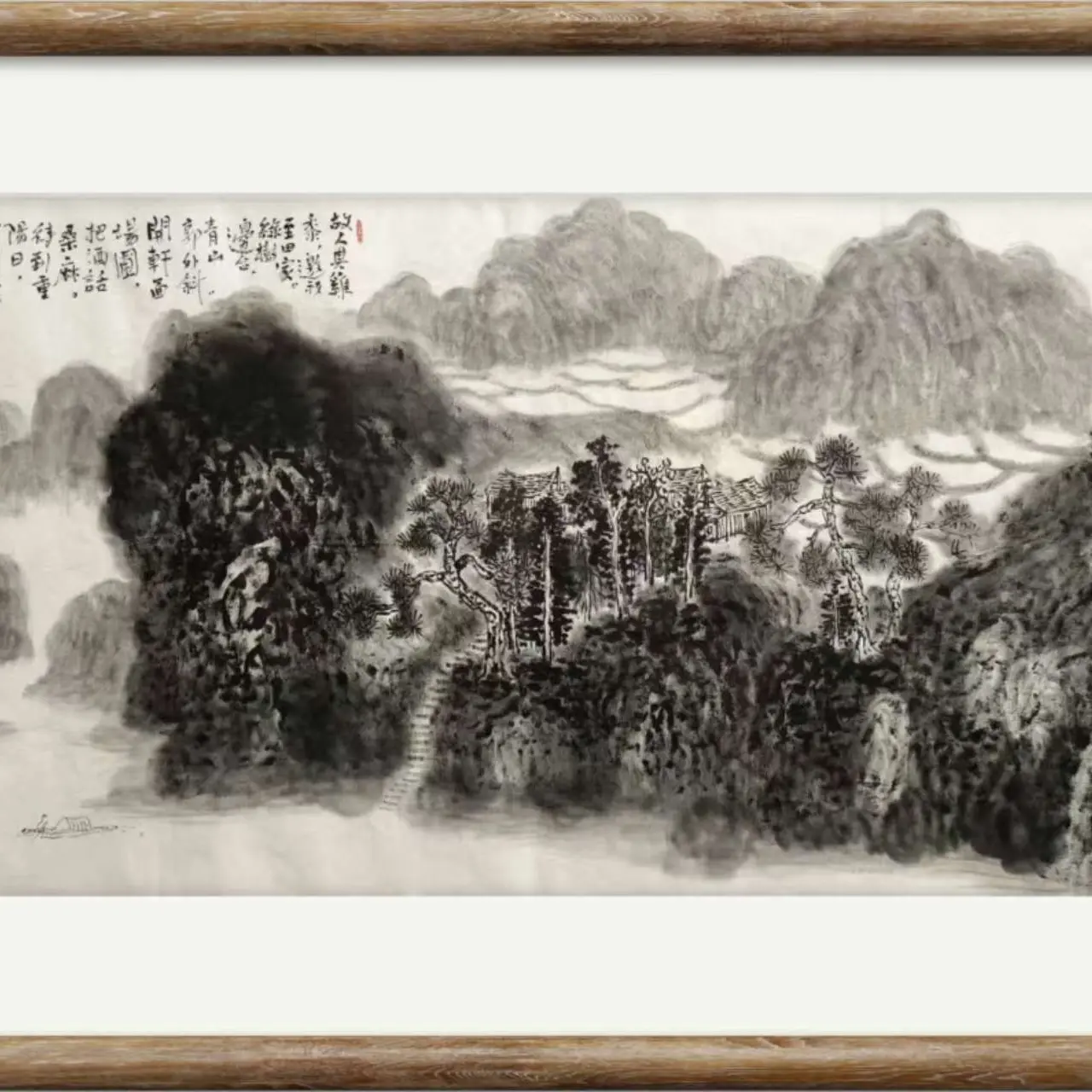 卢树原创水墨山水国画作品《孟浩然诗意》图，规格:138*68cm。