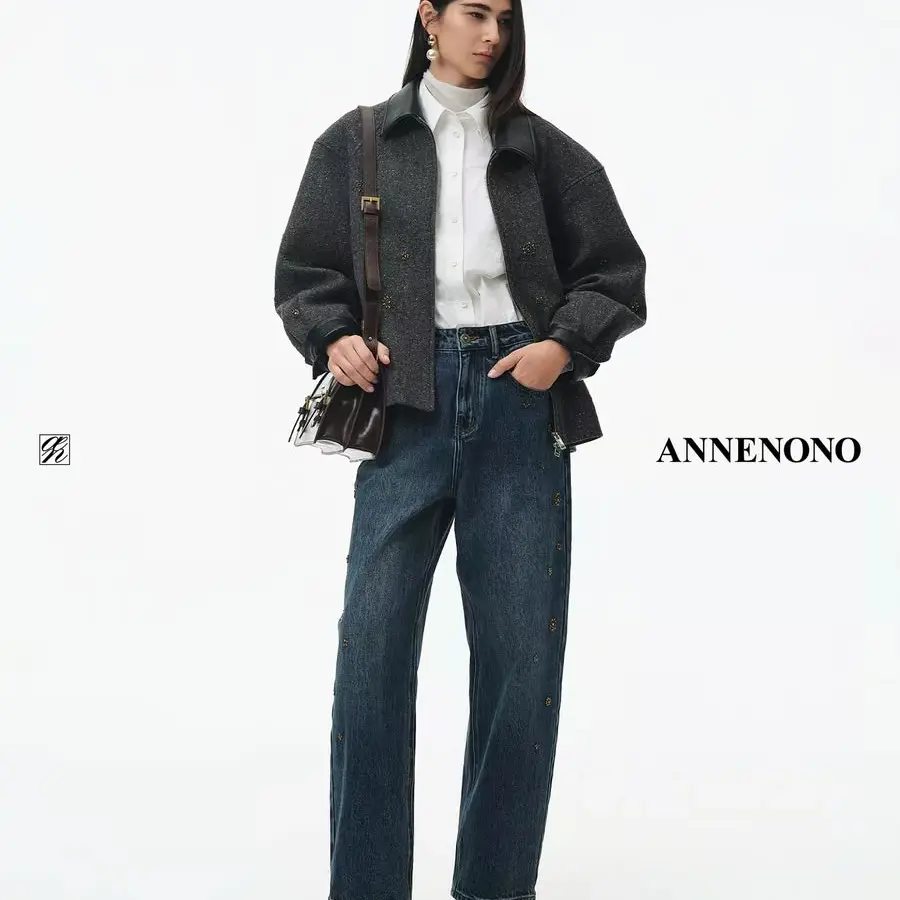 ANNENONO 2025秋季新款摩登现代风拼皮翻领钉珠百搭套装