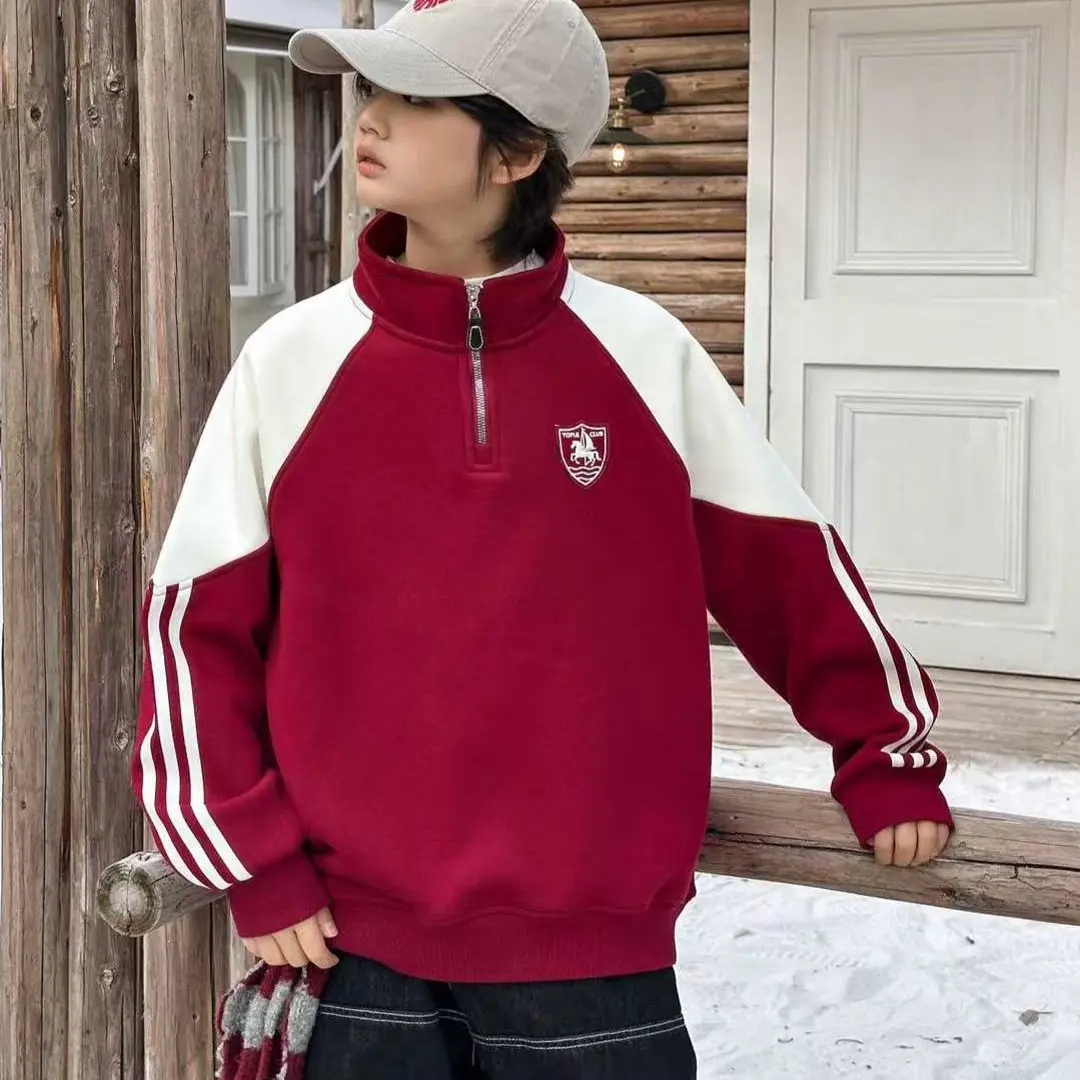 马年贺岁系列加绒加厚卫衣秋冬季一体绒中大童宽松洋气内搭上衣