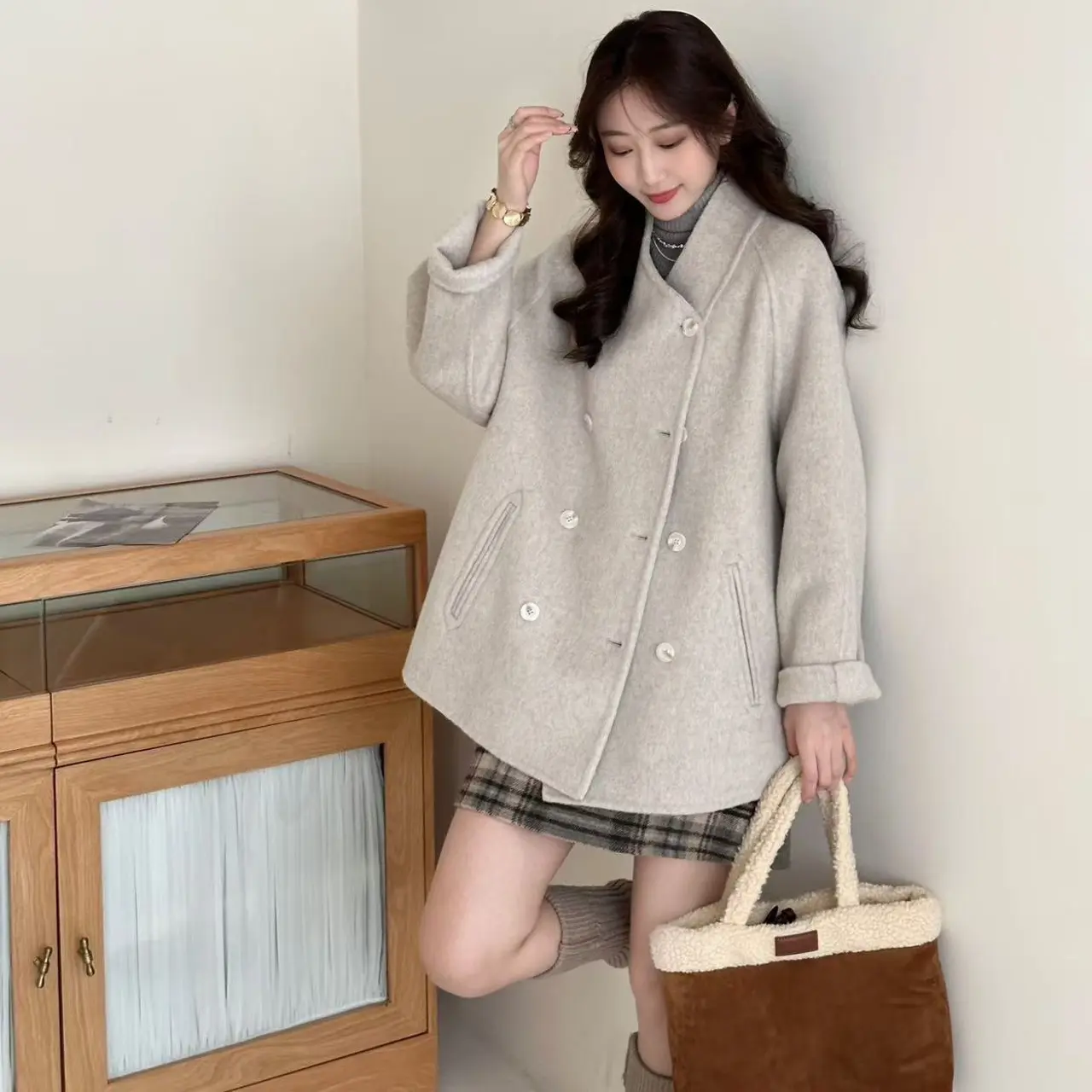 2025年秋冬新款经典双面零羊绒大衣时尚流行米色高端女装毛呢外套