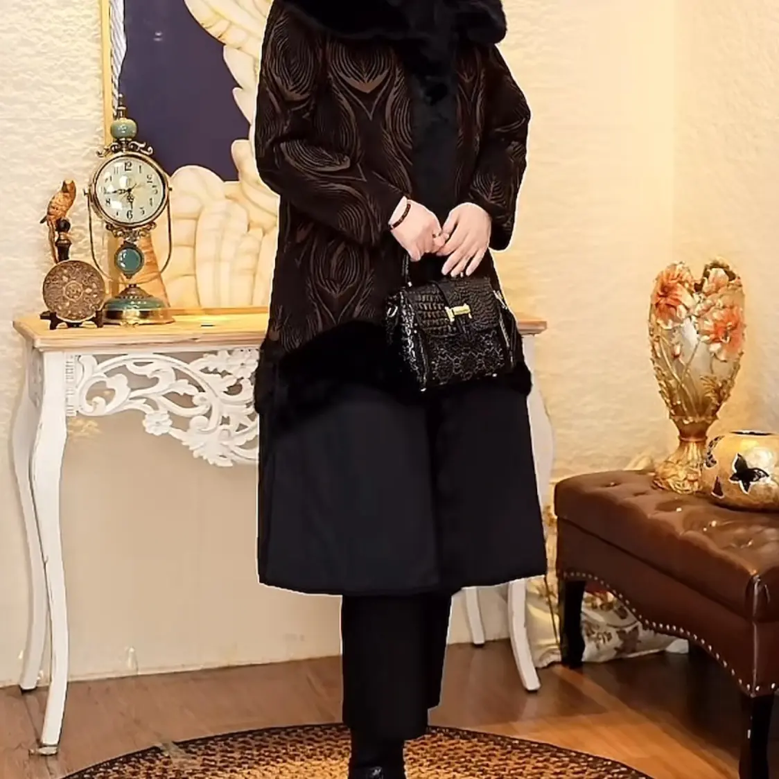 毛领连帽潮流短外套中长款时尚女保暖泡泡袖百搭冬季362.卡细条