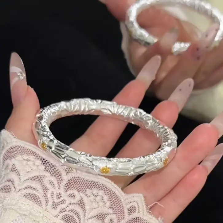 足银手镯 足银93手镯描金牡丹花篆刻拉丝大克重闭口镯情人节礼物