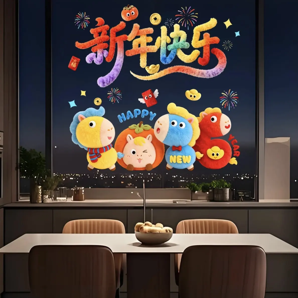 新款可爱中国风5D小马绒毛质感静电玻璃贴春节喜庆装饰