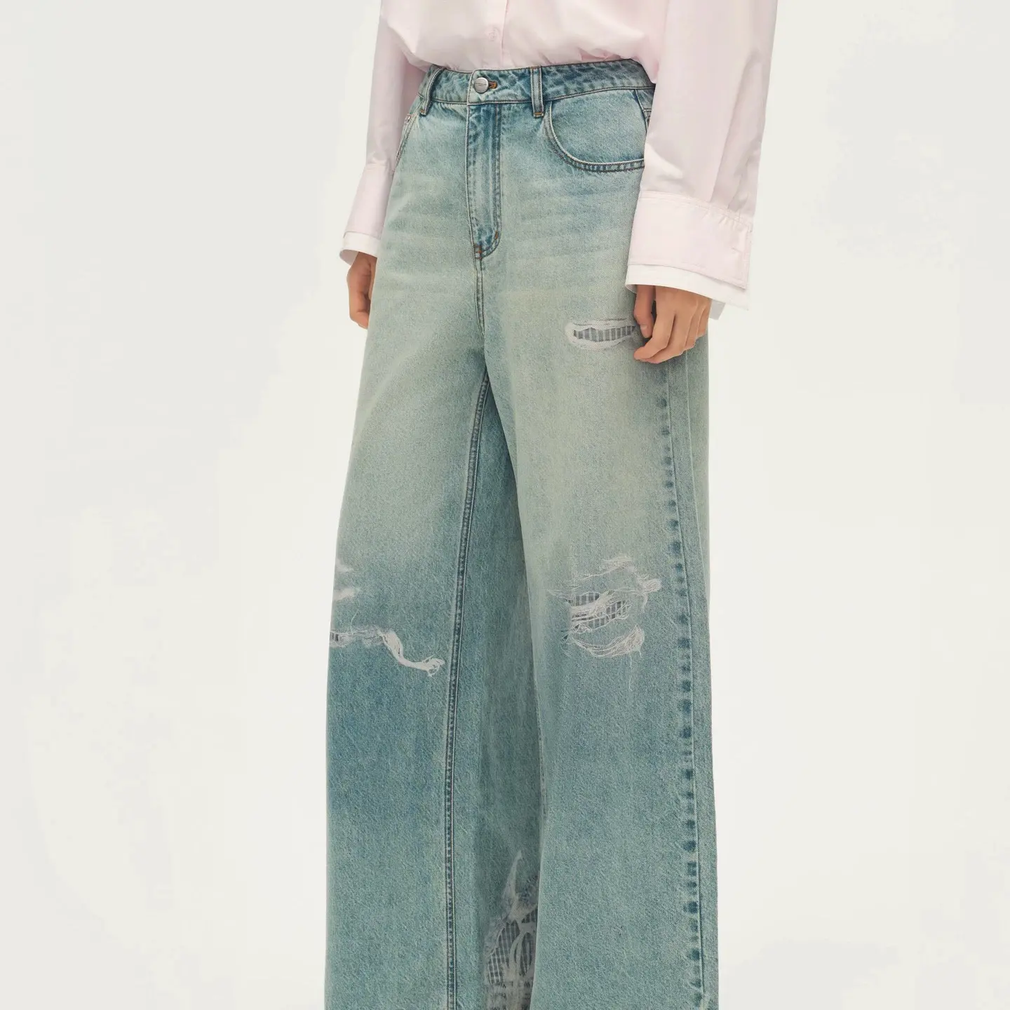 AVVENN设计师款格子印花水洗浅蓝色破洞长裤牛仔裤AL71302607