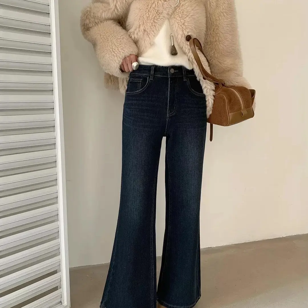 SMX牛仔裤女2025年冬季加绒弹力黑金色小个子拖地筒喇裤98299-7