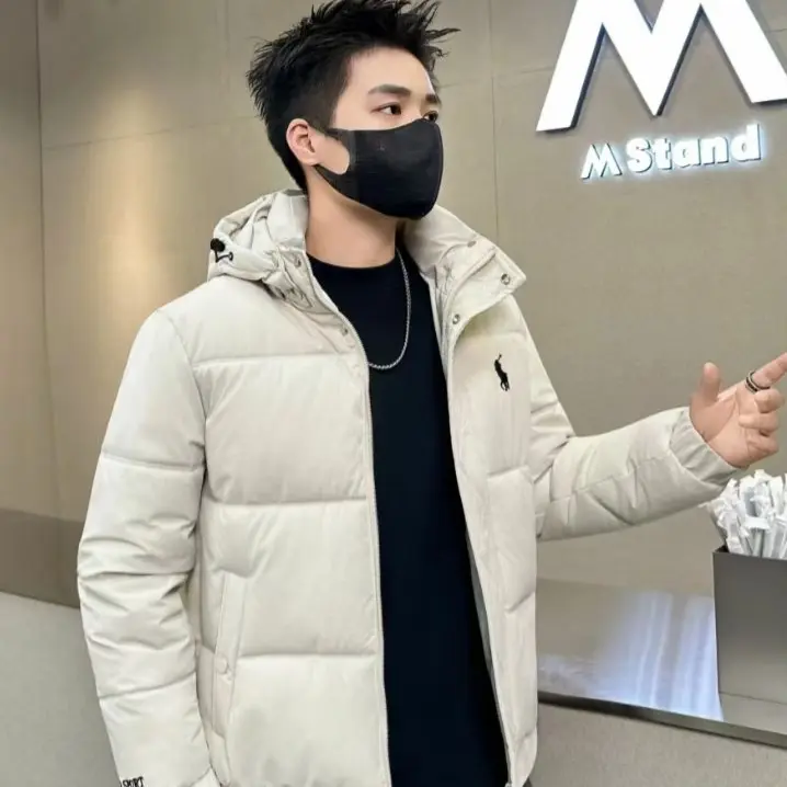 男士冬季时尚百搭加棉保暖防风休闲带帽棉衣棉服米白色2XL