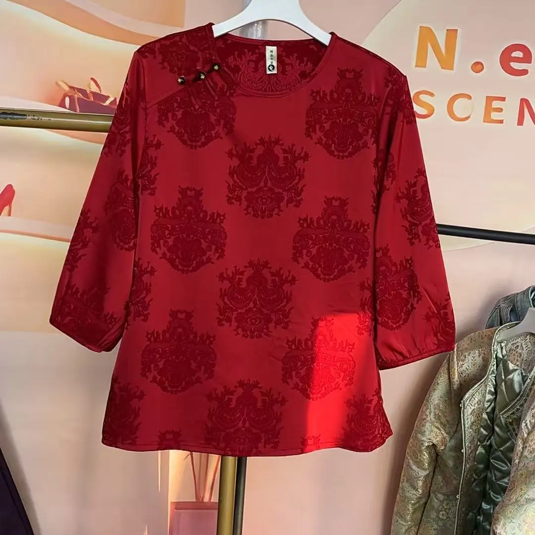 新中式国风提花宽松盘扣斜襟改良唐装衬衫复古上衣女秋季