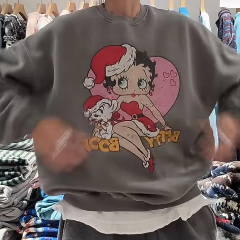 舜 韩代正品圣诞贝蒂大白腿卡通圆领加绒卫衣