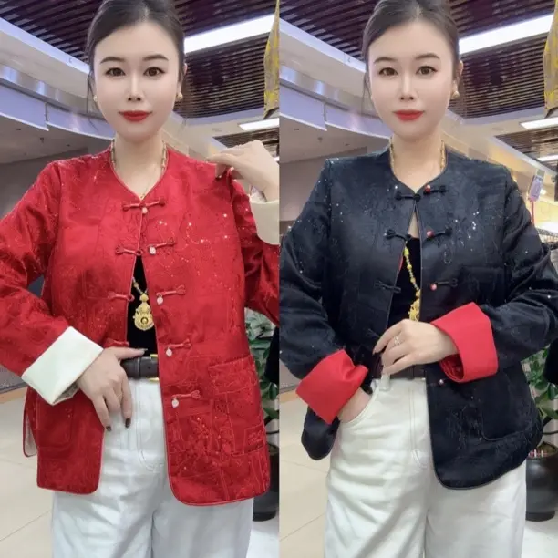 秋冬新款加棉新中式国风复古提花盘扣双面穿时尚外套