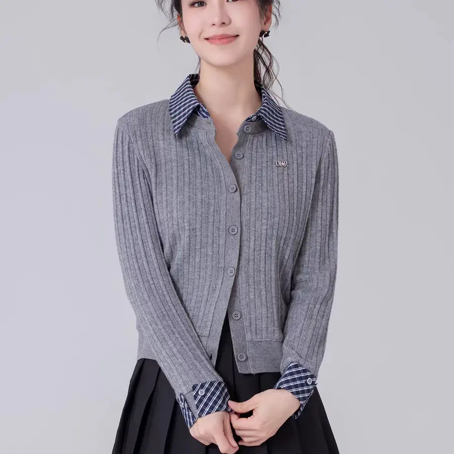 S 1031春秋翻领拼色针织开衫学院风百搭假两件上衣