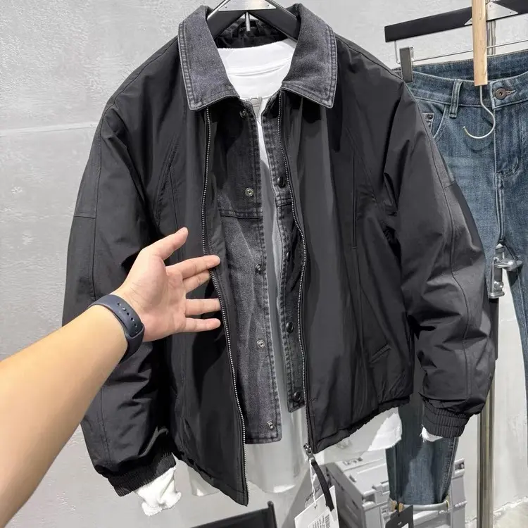 冬季新款男士假两件翻领羽绒服美式复古拼接宽松加厚保暖羽绒外套