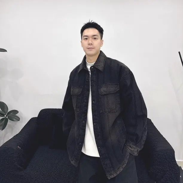 冬季男女时尚保暖做旧竖条纹牛仔白鸭绒羽绒服外套