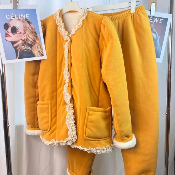 冬季新款奥利绒三层加厚加绒花边拼接可外穿女士家居服