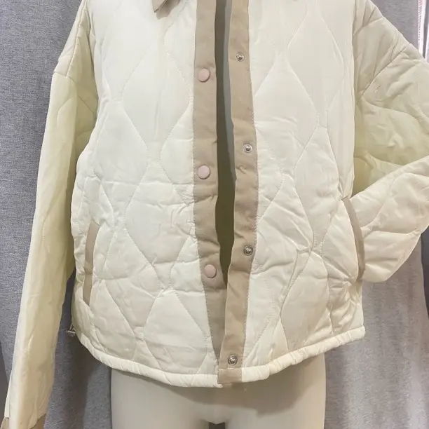 韩系温柔风菱格翻领短款棉衣女秋冬季甜美减龄撞色保暖面包服外套