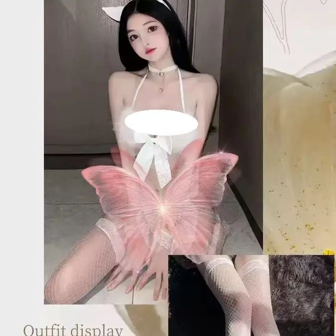 性感粉色毛绒内衣套装含蝴蝶结装饰和独特蝴蝶翅膀套装辣妹性感