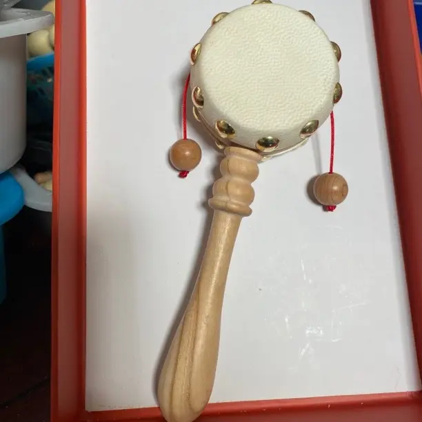 传统手工实木羊皮拨浪鼓婴儿安抚哄娃益智玩具（鼓身鼓棒都是桃木）