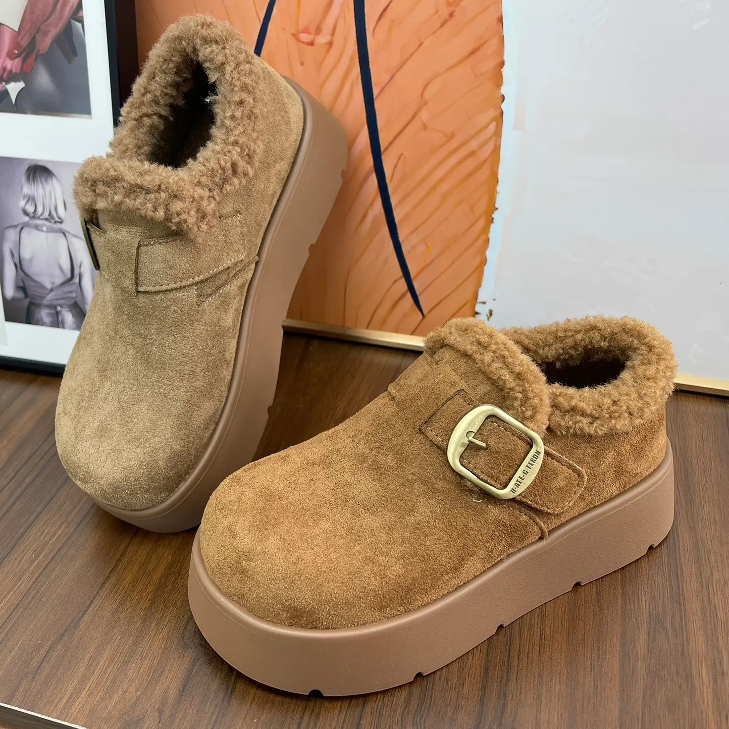 厚底勃肯鞋女冬季新款加绒保暖棉靴百搭增高毛毛棉鞋阔腿裤必备