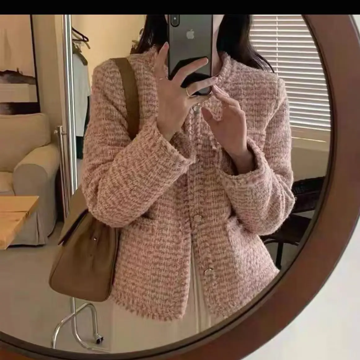 韩版粉色粗花呢外套女装冬款气质短款上衣洋气减龄轻熟风