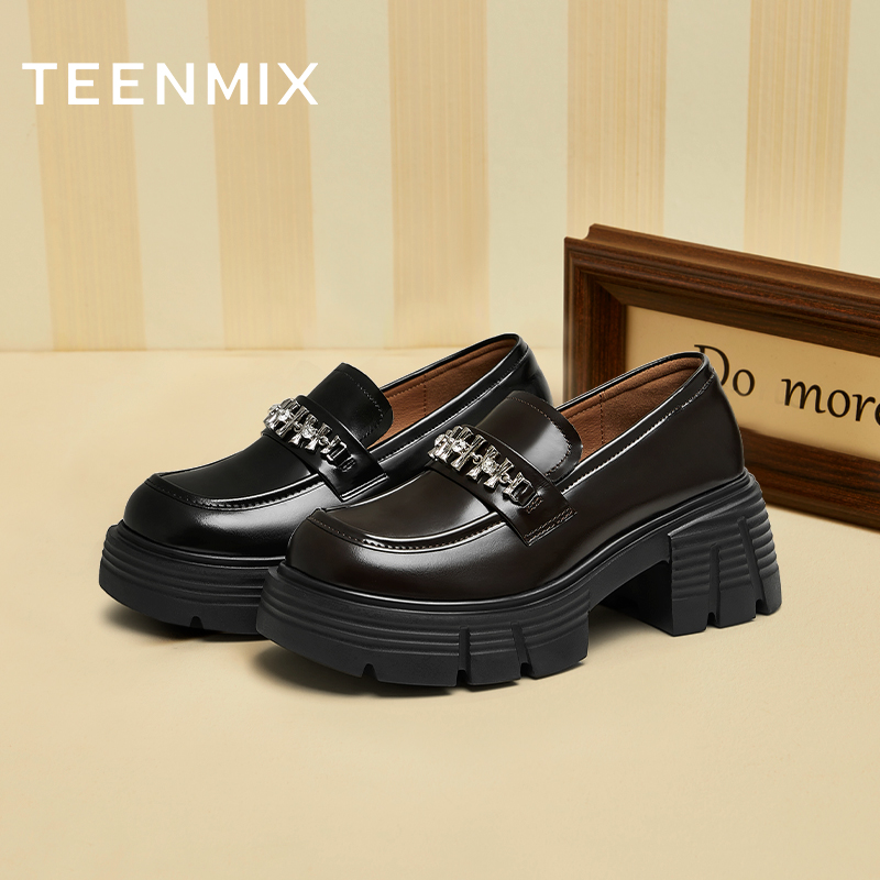 天美意2025新款复古时尚英伦厚底粗跟一脚蹬乐福鞋女皮鞋KE039CM4