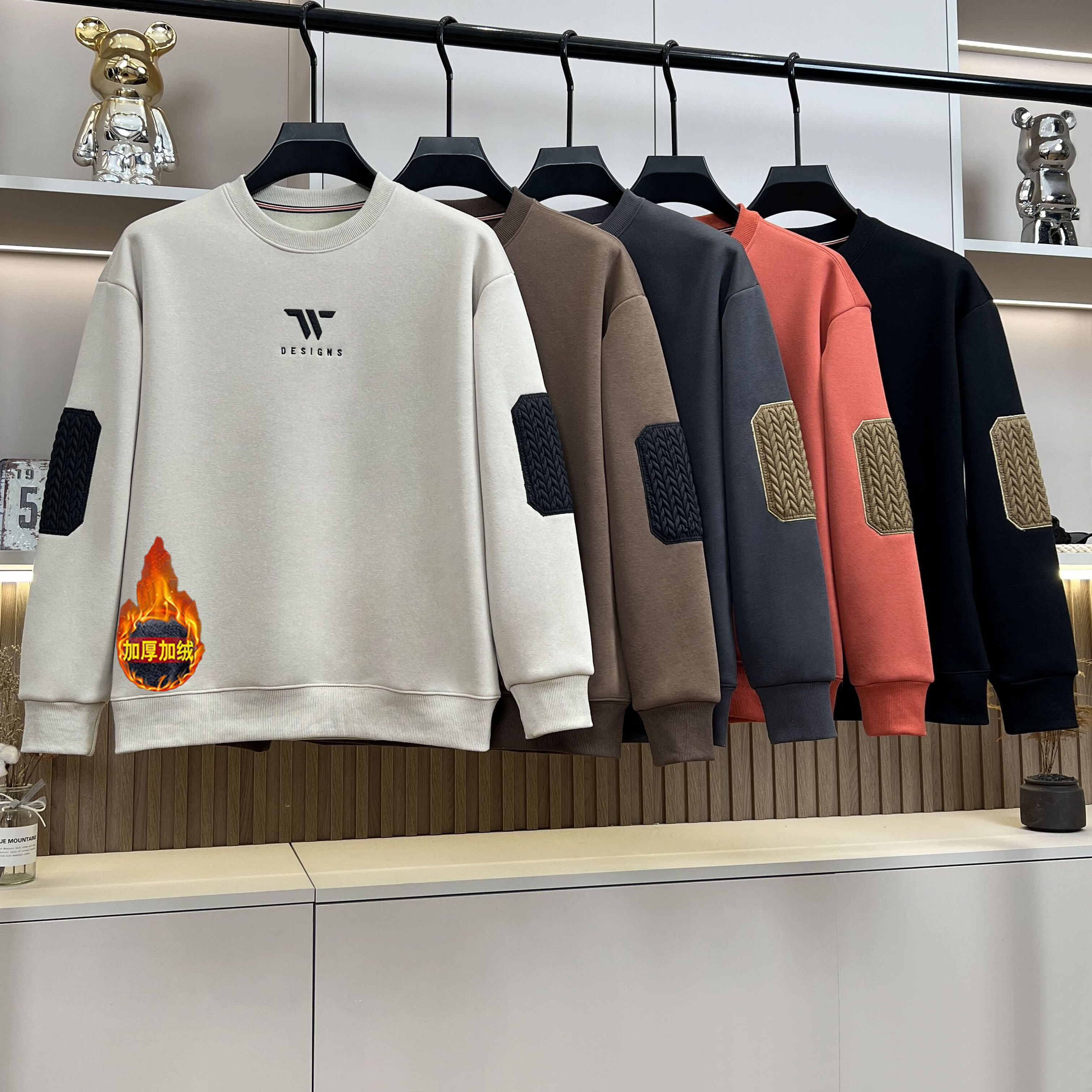 秋冬款极简图标刺绣工艺男士百搭圆领套头修身加绒卫衣【9969W】