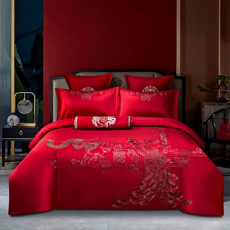中式纯棉刺绣四件套婚床新婚大红四件套全棉双人结婚床单被套婚房
