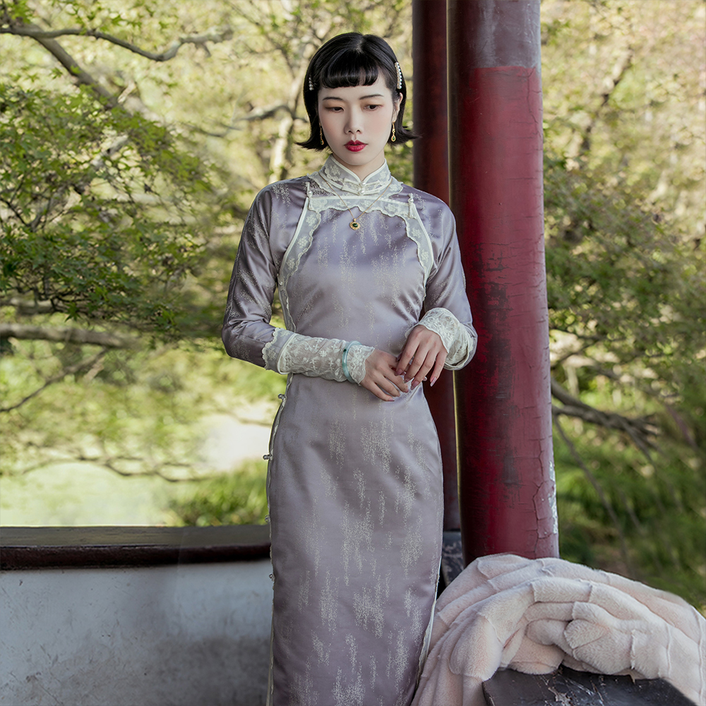 紫云烟 top ulara 民国 古法全开提花双襟蕾丝花边复古春秋季旗袍