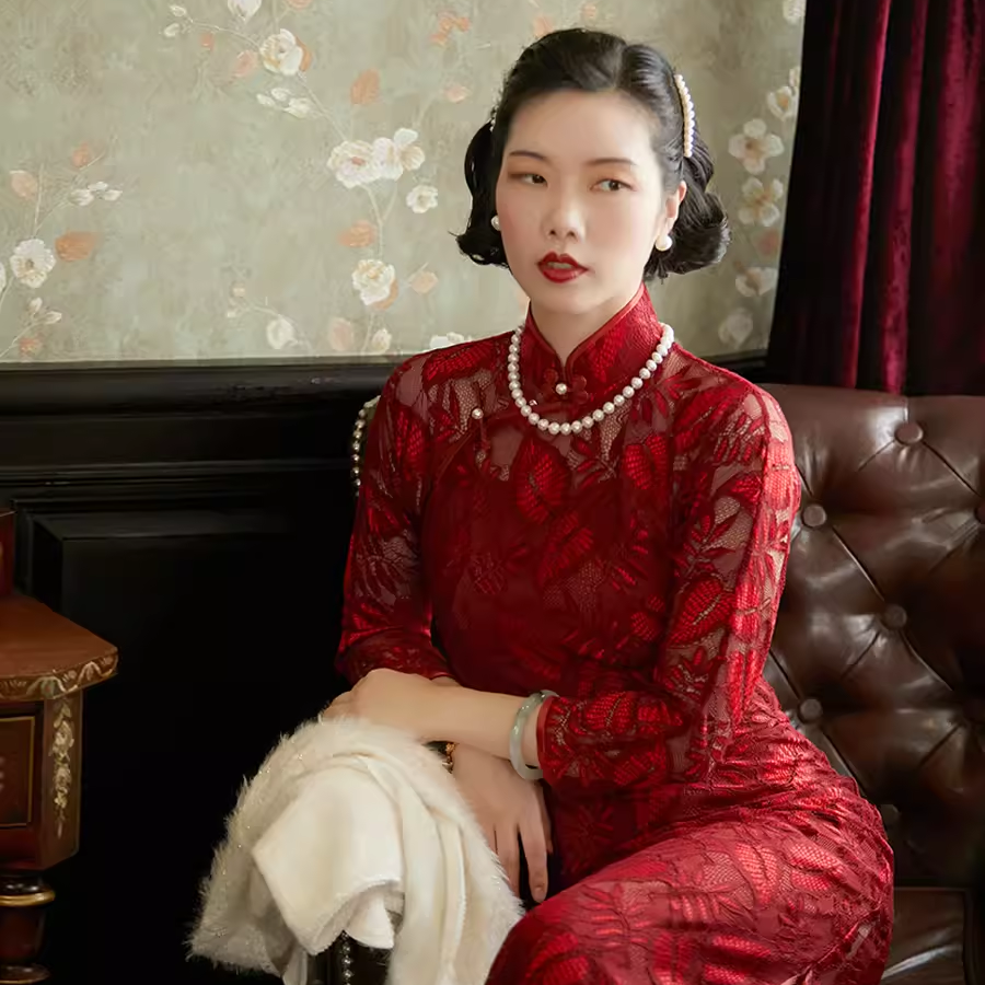  紅烛top ulara 古法全开蕾丝婚庆礼服敬酒服无省旗袍