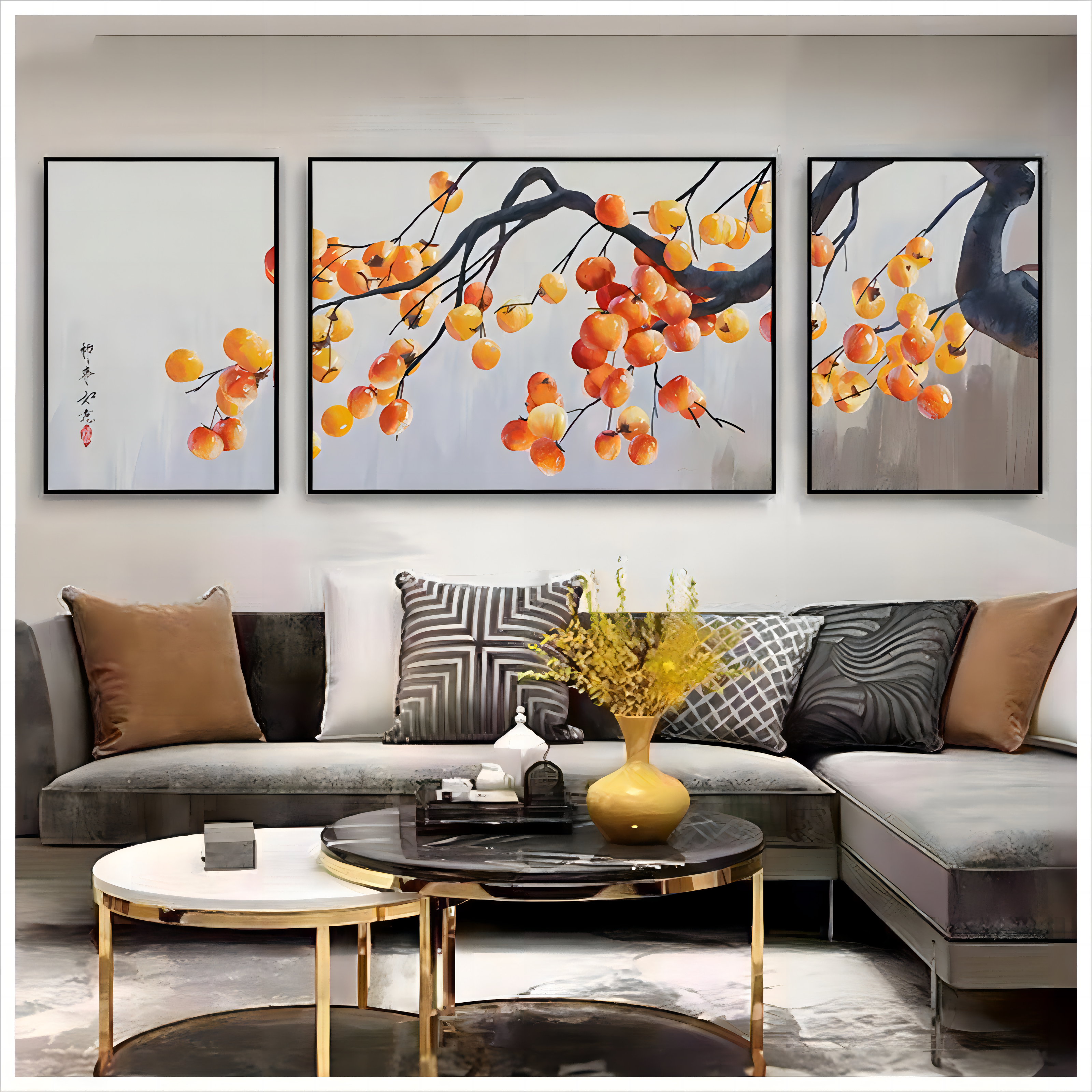 客厅装饰画柿柿如意现代中式柿子沙发背景头墙挂画横版晶瓷钻面画