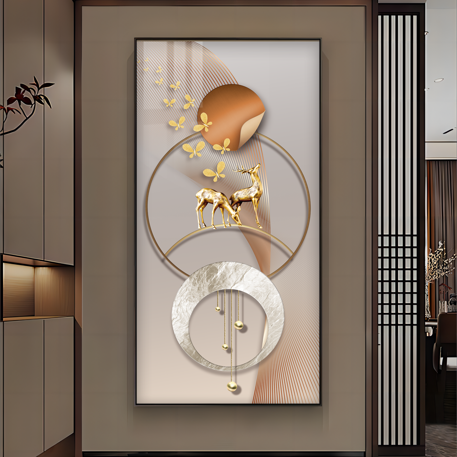 晶瓷镶钻玄关画入户装饰画背景墙挂画过道走廊新中式福禄简约壁画