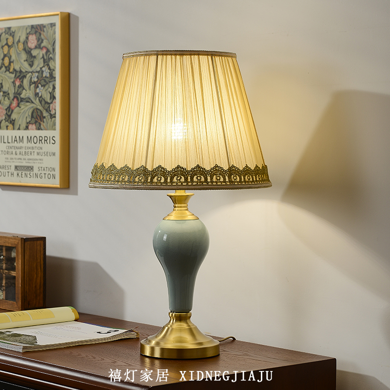禧灯家居欧美百搭全铜复古陶瓷台灯中式轻奢简约现代卧室床头酒店