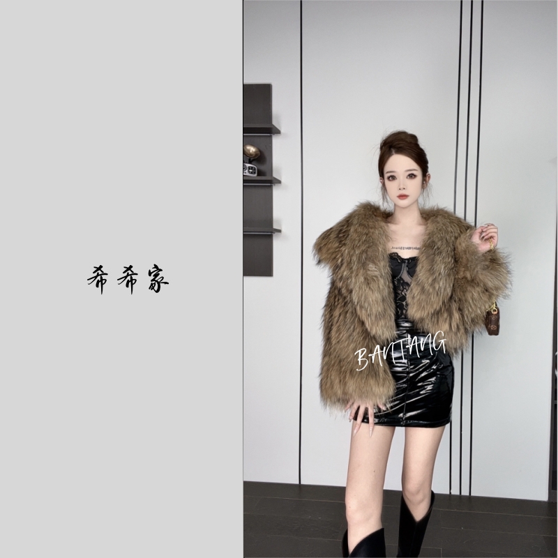 【希希家】“冬日名媛” 貉子毛双面编织外套 大翻领