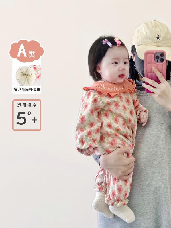 婴儿秋冬衣服甜美花朵连体衣宝宝加绒棉衣冬季加厚哈衣保暖外出服