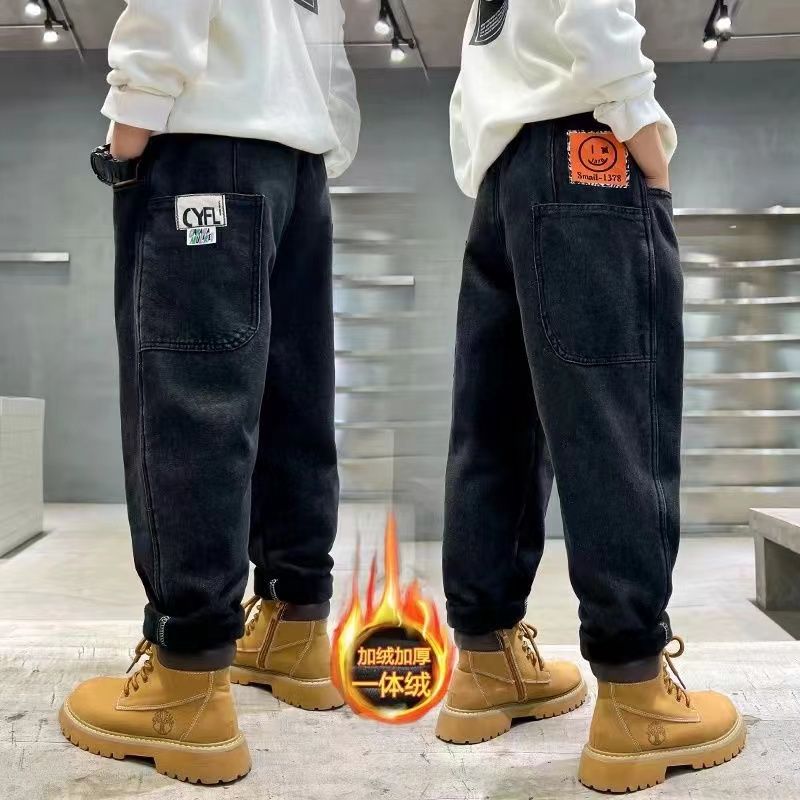 男童加绒牛仔裤子秋冬2023新款中大童一体绒冬季儿童休闲潮流长裤