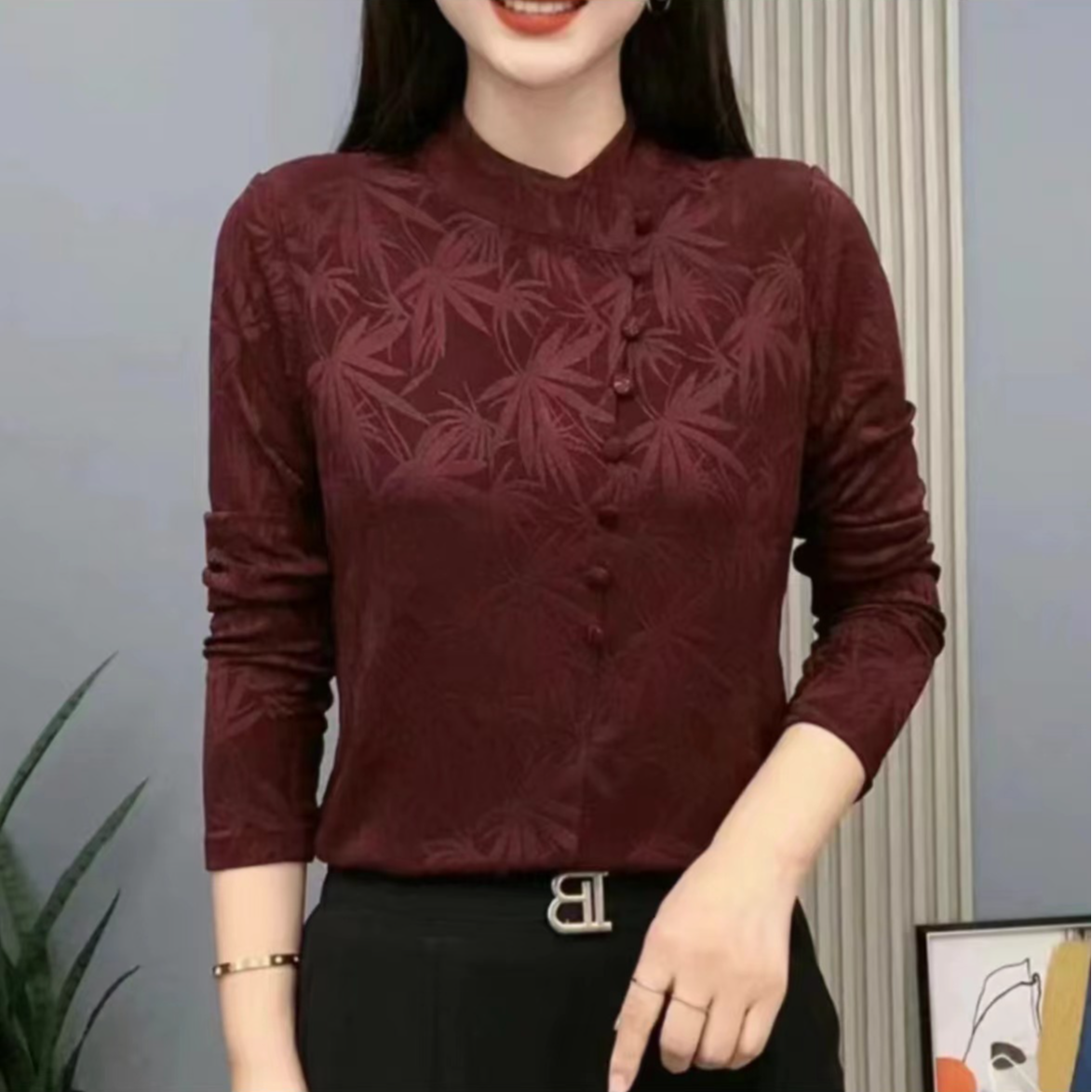 2024新款立领妈妈装加绒提花长袖显瘦时尚新中式复古百搭打底衫