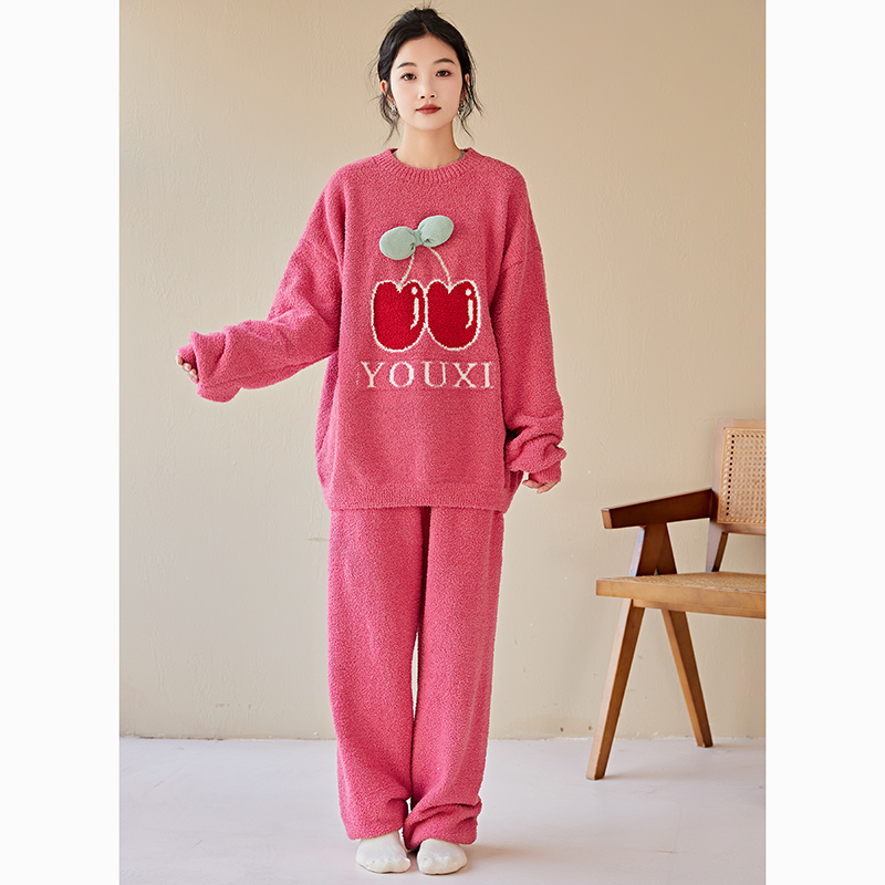 大樱桃软绵绵可外穿半边绒针织睡衣加厚保暖套头女睡衣居家服冬季