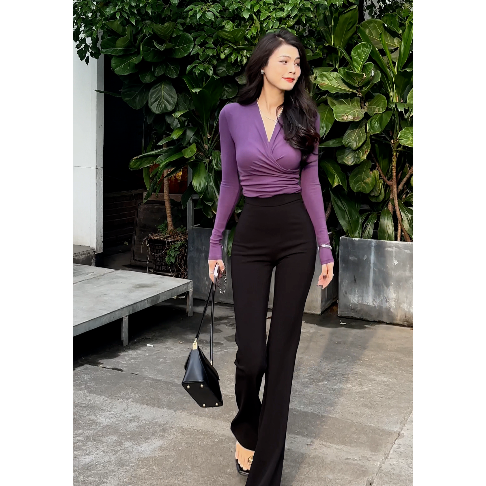 【大婷婷】新款百搭黑色西装微喇叭马蹄裤女显瘦款提臀休闲裤2385#