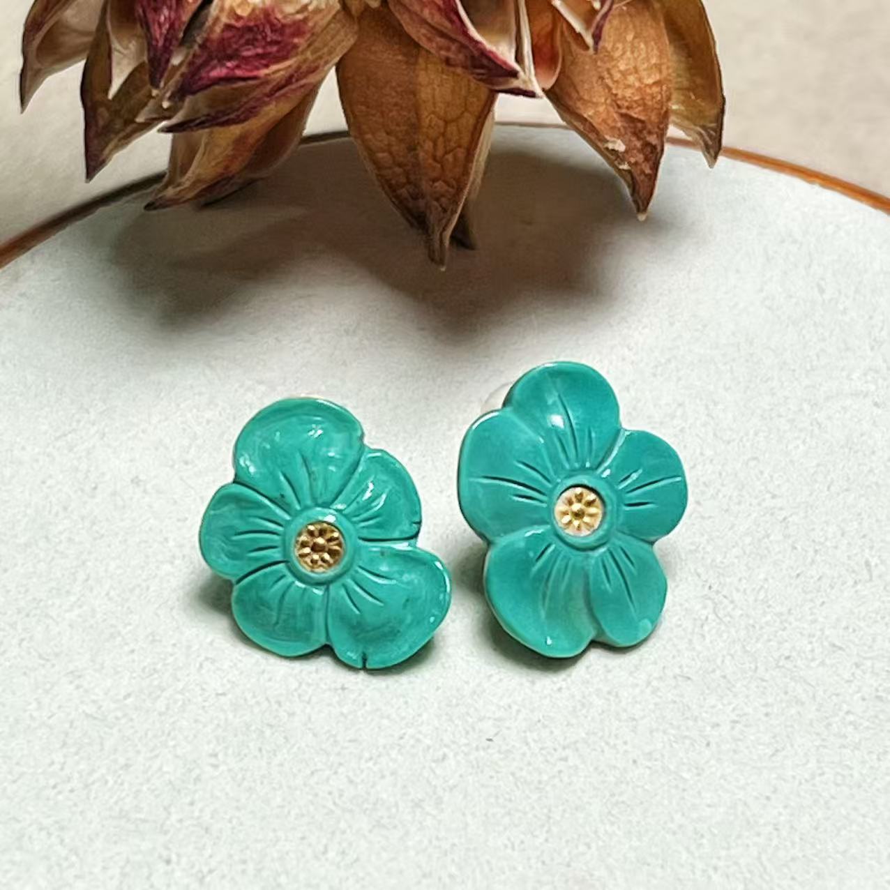 【壹芳珠宝*三周年】天然原矿绿松18k金花花耳钉