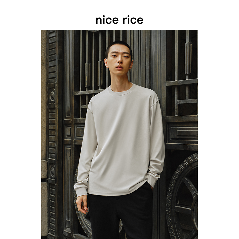 nice rice好饭 双面布335G重磅纯色休闲圆领男士长袖T恤NFD02019