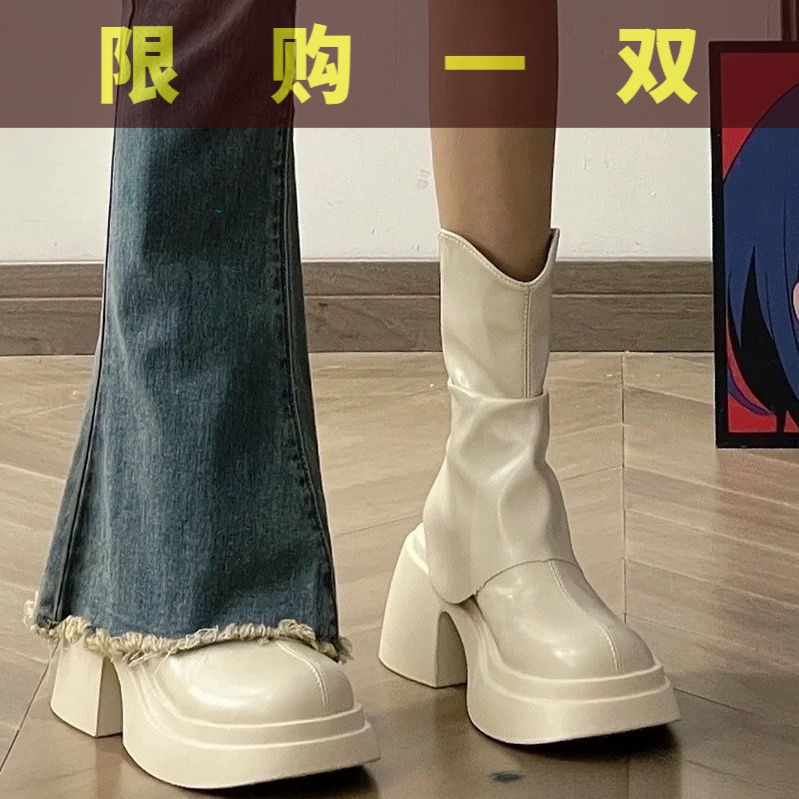 国货潮牌白色马丁靴女2023春秋新款厚底粗跟短靴高跟后拉链网红鞋
