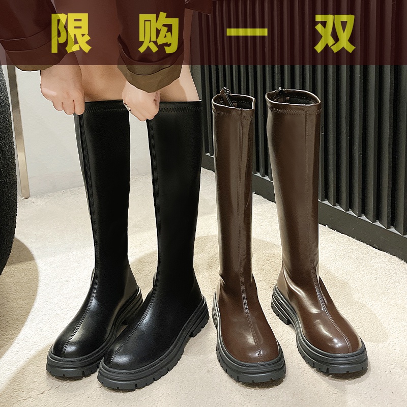 国货潮牌棕色靴子女长筒靴2023新款秋季爆款厚底马丁靴高筒不过鞋