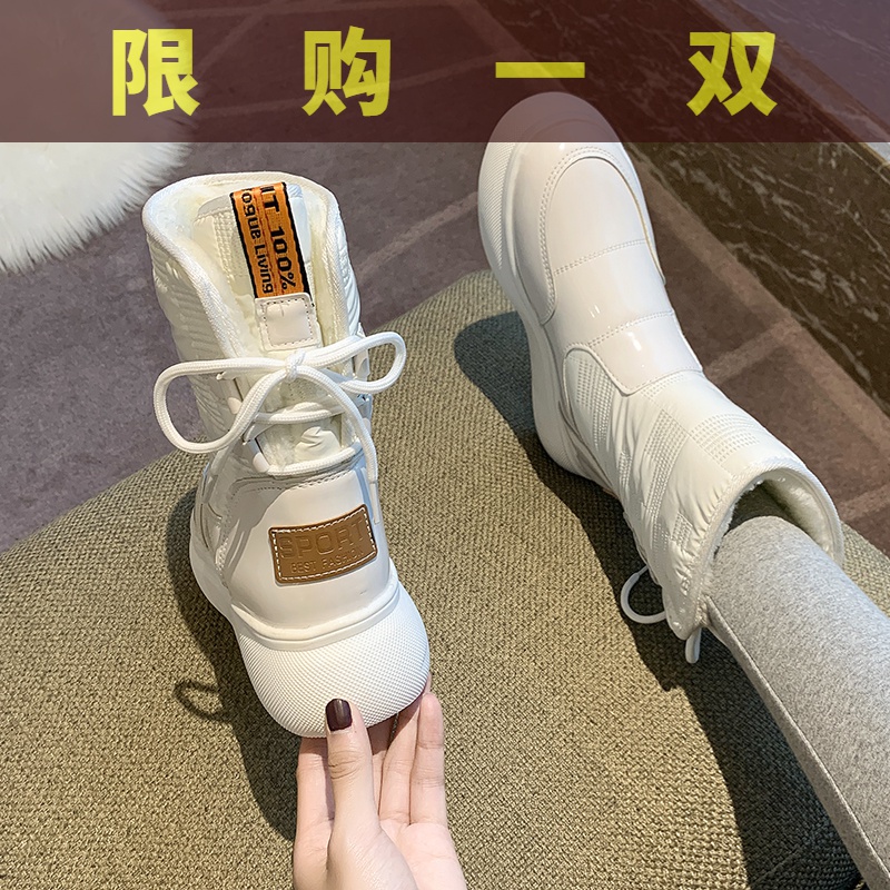 红蜻蜓牌雪地靴女冬季2023新款中筒皮面防水防滑保暖棉靴子白色鞋