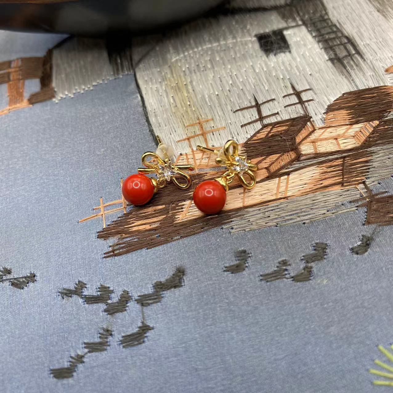 含辰砂工艺品高含量朱砂红砂设计款耳钉爆款蝴蝶结送礼女士耳钉