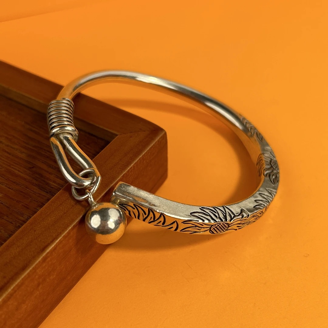 足银手镯 纯手工足银  复古做旧太阳花筷子镯