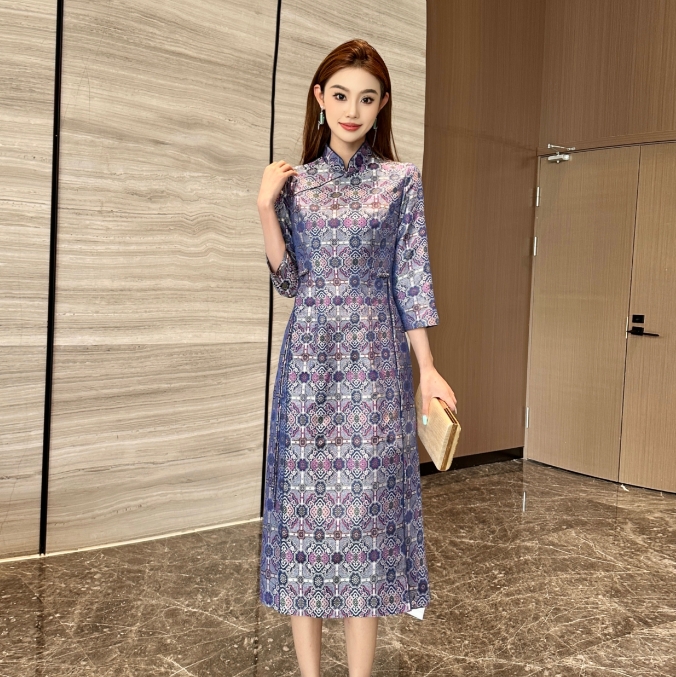 FSSIA【紫萱】国风宋锦100桑蚕丝新中式立领收腰显瘦旗袍连衣裙2251